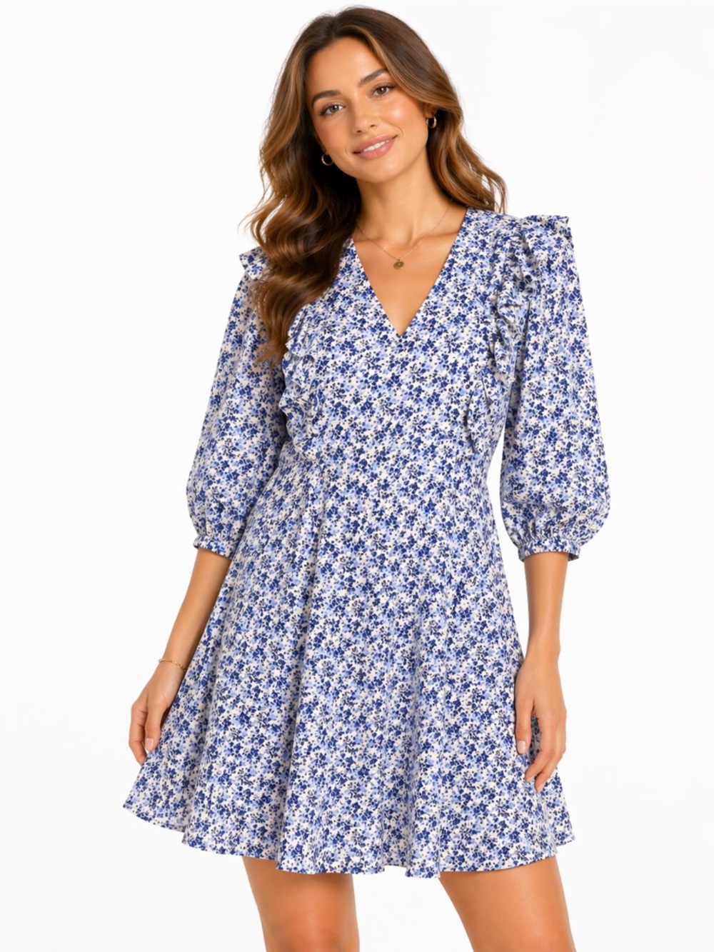 EUC H&M Size Medium Floral Ruffle Blue and‎ White Dress